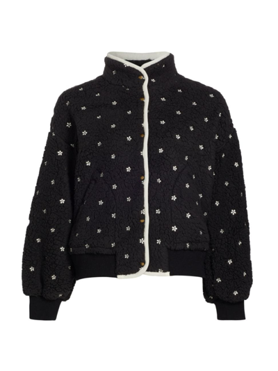 The Great The Blackbird Floral Embroidery High Pile Fleece Jacket In Blk Cream Floral Embroidery