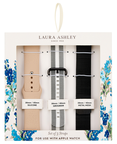 Laura Ashley Women's Black Mesh, Gray Grosgrain And Pink Silicone Strap Set Compatible With Apple Watch 38mm, 40m In Multi