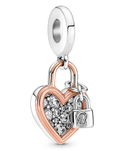 Pandora Cubic Zirconia Heart Padlock Double Dangle Charm In Clear