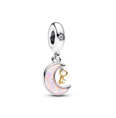 Pandora Cubic Zirconia Two-tone Key Moon Dangle Charm In Pink