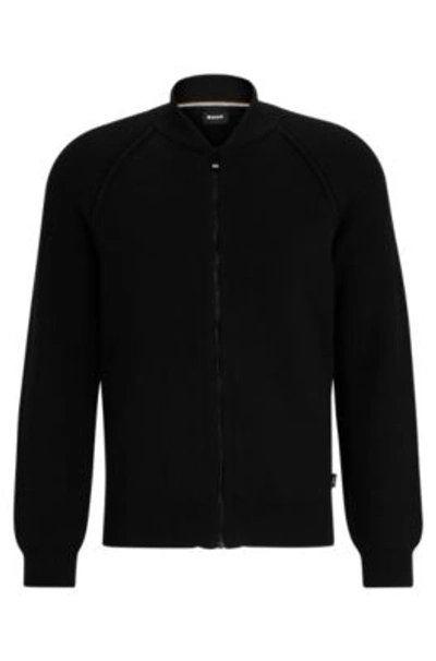 Hugo Boss Zip-up Cardigan In Cotton And Virgin Wool In Black