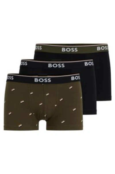 Hugo Boss Three-pack Of Stretch-cotton Trunks With Logo Waistbands In Patterned