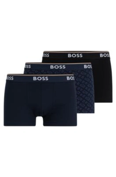 Hugo Boss Three-pack Of Stretch-cotton Trunks With Logo Waistbands In Patterned