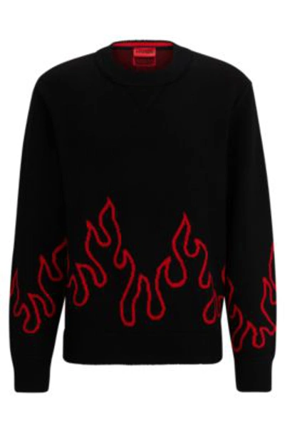 Hugo Relaxed-fit Sweater With Flame Jacquard In Wool Blend In Black