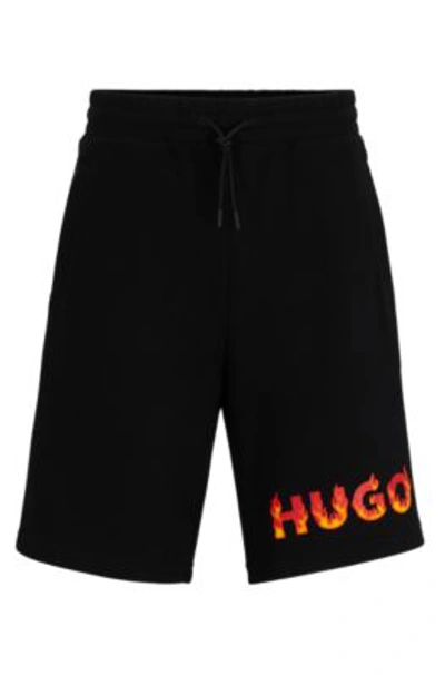 Hugo Cotton-terry Shorts With Puffed Flame Logo In Black