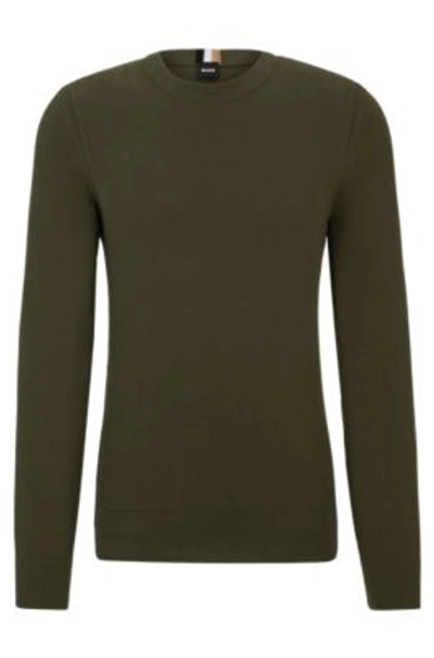 Hugo Boss Micro-structured Crew-neck Sweater In Cotton In Dark Green