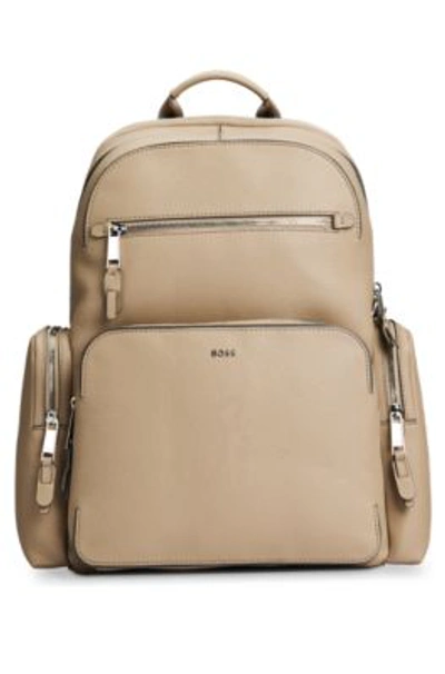 Hugo Boss Grained-leather Backpack With Logo Lettering In Light Beige