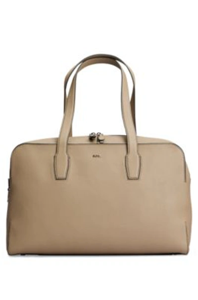 Hugo Boss Zipped Holdall In Grained Leather With Logo Lettering In Light Beige