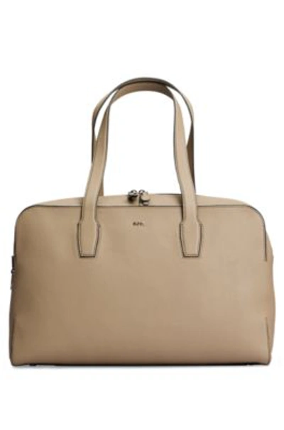 Hugo Boss Zipped Holdall In Grained Leather With Logo Lettering In Neutral