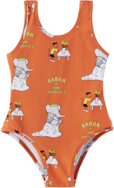 The Animals Observatory Kids' Trout Printed Swimsuit In Brown
