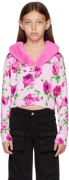Miss Blumarine Faux-fur Collar Floral Intarsia-knit Cardigan In Pink Q9829
