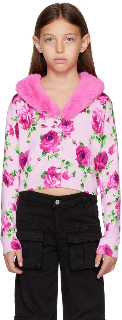 Miss Blumarine Faux-fur Collar Floral Intarsia-knit Cardigan In Pink Q9829