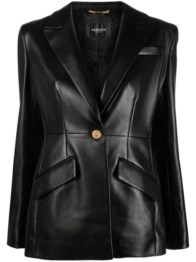 Versace Single-breasted Leather Blazer Jackets Black In New