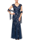 Alex Evenings Embellished-lace Embroidered Illusion Gown & Shawl In Multi