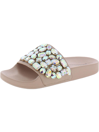 Steve Madden Simplify Womens Slip On Rhinestone Slide Sandals In Gold
