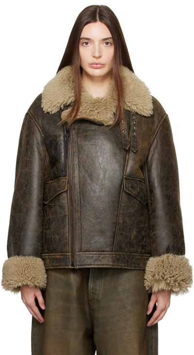Acne Studios Brown Zip Shearling Jacket In Afq Brown/beige