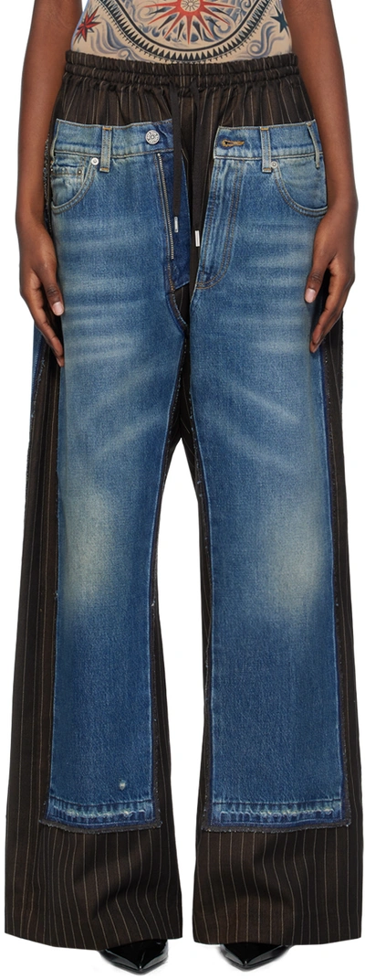 Jean Paul Gaultier Blue & Black 'the Jean Suit' Trousers In 600350 Brown/ecru/b