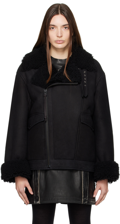 Acne Studios Black Zip Shearling Jacket In Z32 Black / Black