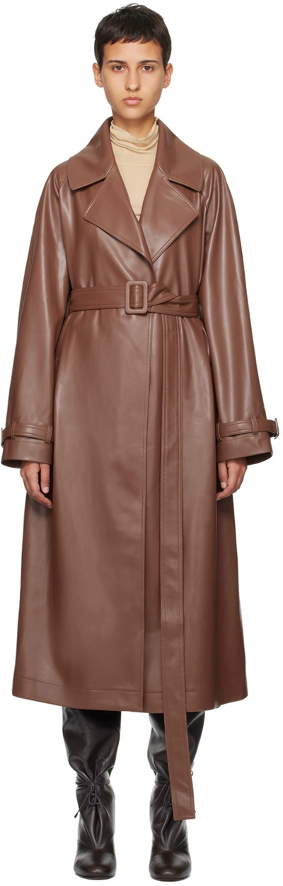 Olenich Brown Belted Faux-leather Coat In Chocolate Brown