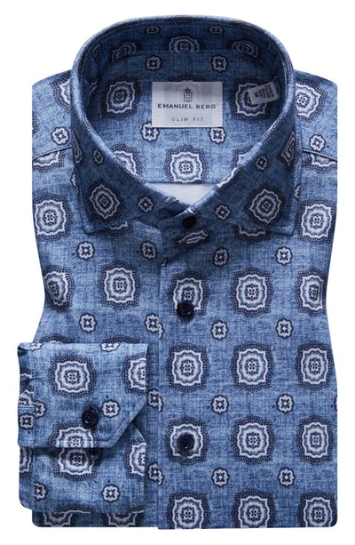 Emanuel Berg 4flex Modern Fit Print Knit Button-up Shirt In Medium Blue