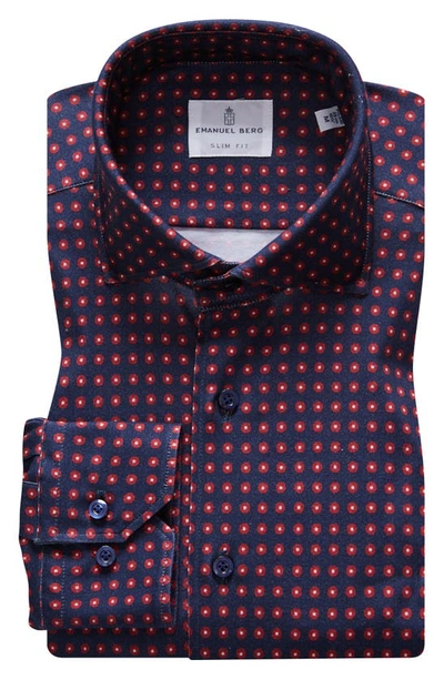 Emanuel Berg 4flex Modern Fit Print Knit Button-up Shirt In Blue/ Dark Red
