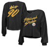 MAJESTIC MAJESTIC THREADS T.J. WATT BLACK PITTSBURGH STEELERS NAME & NUMBER OFF-SHOULDER SCRIPT CROPPED LONG 