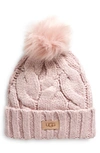 Ugg Cable Knit Beanie With Faux Fur Pom In Mauve