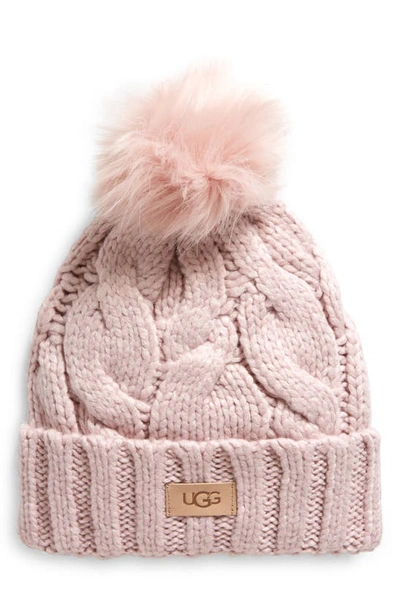 Ugg Cable Knit Beanie With Faux Fur Pom In Mauve