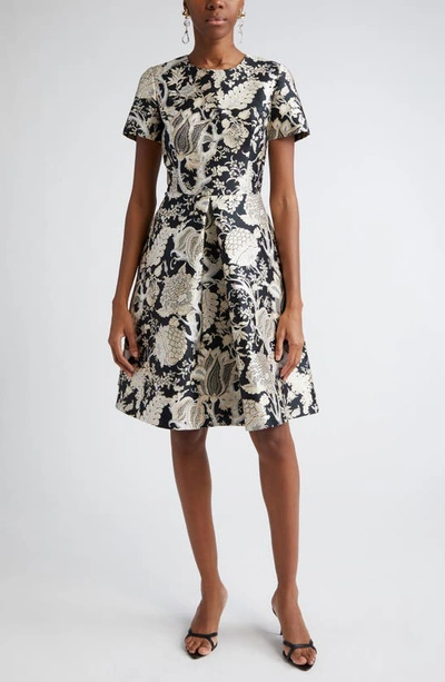 Carolina Herrera Jacquard A-line Dress With Box Pleat In Black/white