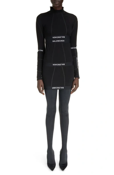 Balenciaga Patched Brief Logo Long Sleeve Stretch Cotton Minidress In Black