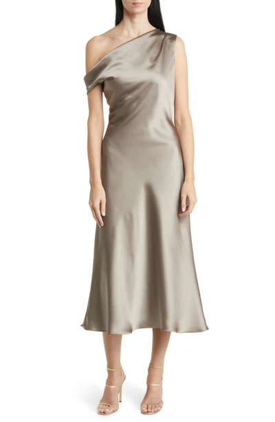 Amsale One-shoulder Satin Midi Dress In Mocha