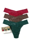 Hanky Panky Assorted 3-pack Lace Original Rise Thongs In Cranberry/ Cappuccino/ Ivy