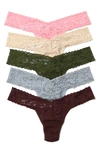 Hanky Panky Assorted 5-pack Lace Low Rise Thongs In Pink/beige/green/grey/burgundy