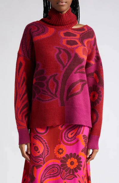 Farm Rio Floral Pattern Cutout Turtleneck Jumper In Bold Floral Pink