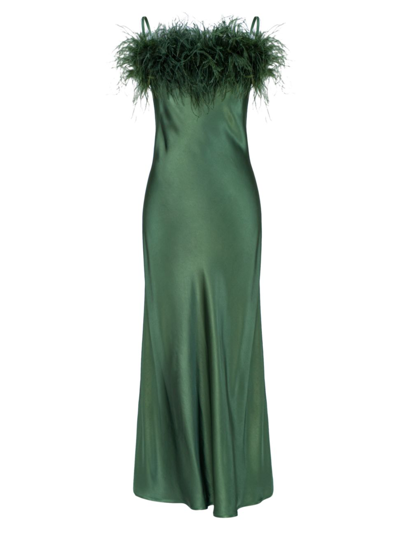 Sleeper Boheme Feather-trim Satin Midi Slip Dress In Green