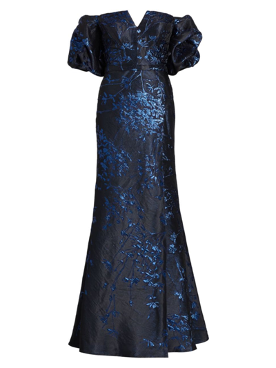 Rene Ruiz Collection Women's Jacquard Puff-sleeve Fit-&-flare Gown In Navy