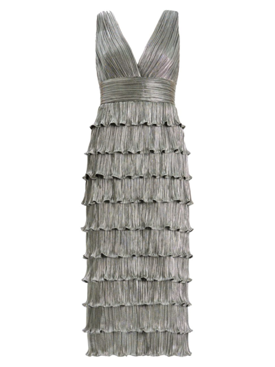 ZAC POSEN WOMEN'S PLEATED METALLIC RUFFLED MIDI-DRESS