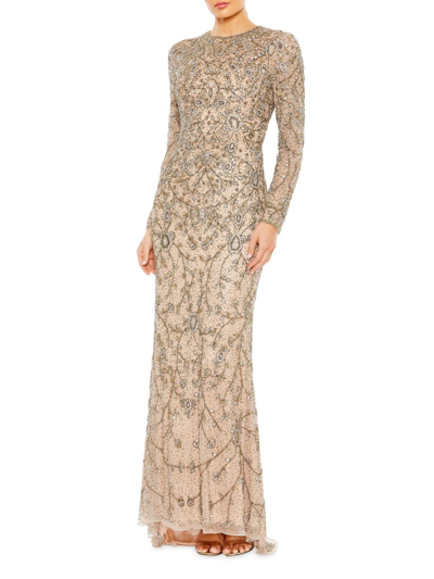 Mac Duggal Women's Metallic Beaded Column Gown In Mocha