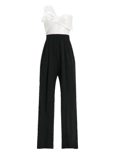 Zac Posen One-shoulder Two-tone Bow-front Jumpsuit In Black/white