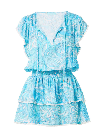 Melissa Odabash Keri Ruffle Tiered Print Coverup Dress In Mirage Blue