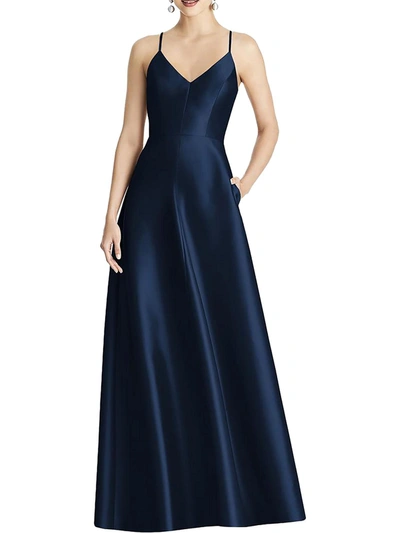 Alfred Sung V-neck Full Skirt Satin Maxi Dress In Blue