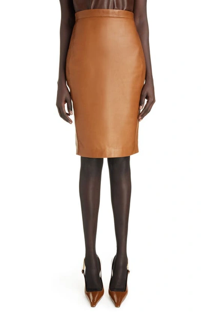 Saint Laurent High-waisted Lambskin Pencil Skirt In Marron Glace