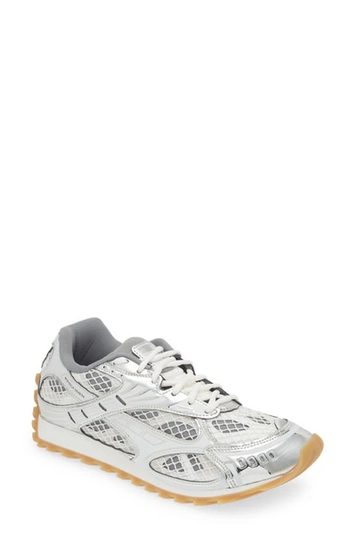 Bottega Veneta Orbit Metallic Rubber And Mesh Sneakers In Silver White