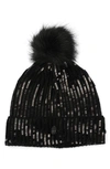 Kurt Geiger Faux Fur Trim Sequin Beanie In Black