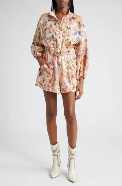 ZIMMERMANN AUGUST FLORAL PRINT BELTED LONG SLEEVE LINEN ROMPER