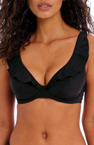 Freya Jewel Cove Ruffled Bikini Top In Black Solid