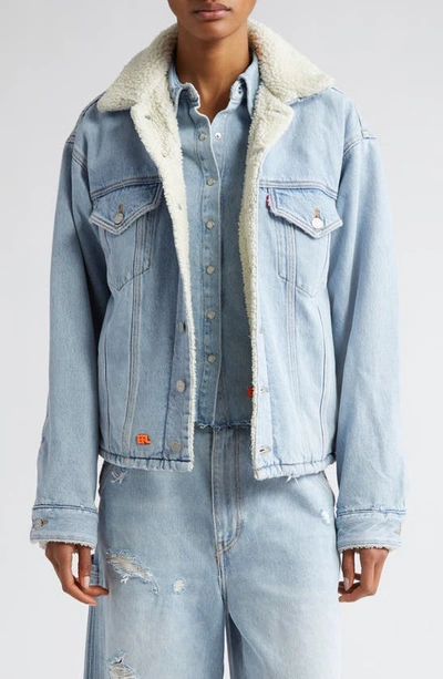 Erl Sherpa Trucker' Light Blue Jacket With Logo Patch In Cotton Denim