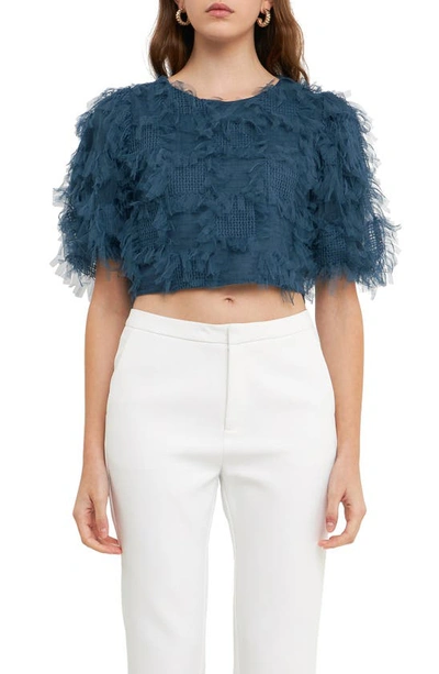 Endless Rose Women's Gridded Mesh Feathered Cropped Top In Navy
