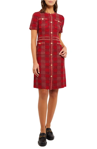 Misook Plaid Tweed-knit Button-front Midi Dress In Classic Red/mahogany