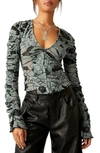 Free People Through The Meadow Ruched Mesh Top In Steel Sea Combo